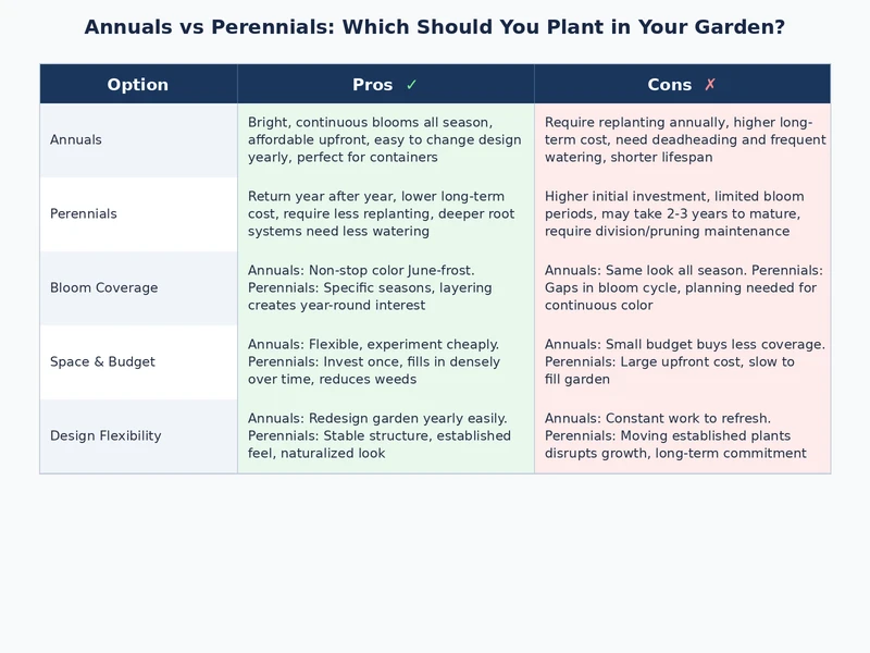 visual comparison chart annuals vs perennials for garden planning showing bloom seasons and maintenance requirements