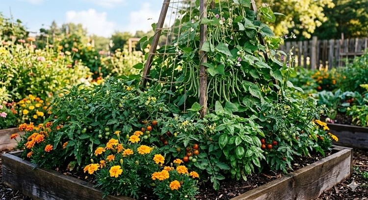 companion planting guide vegetables showing tomatoes and basil growing together in a raised bed garden