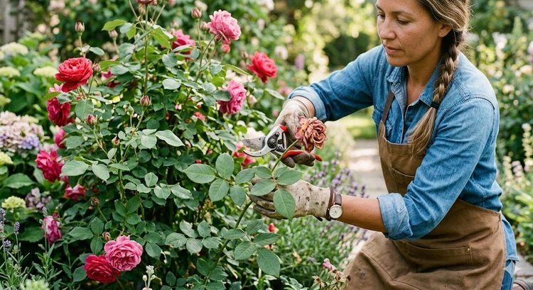 Gardener demonstrating how to deadhead roses by cutting a spent bloom at the correct five-leaflet node