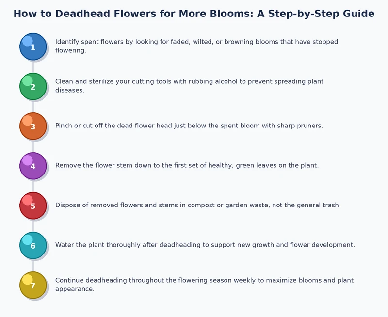 process diagram showing correct deadheading cut placement on flowering stems at leaf node