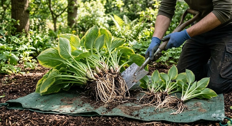 Gardener dividing a large hosta clump in early spring using a sharp spade