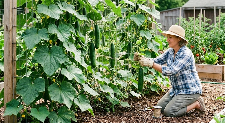 Growing cucumbers vertically on a cattle-panel arch trellis with healthy vines and hanging fruit
