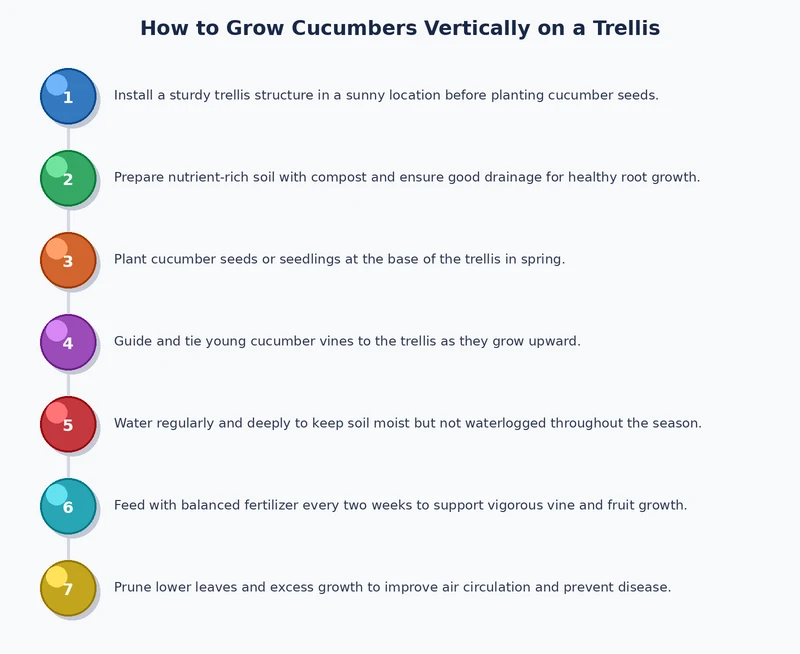 Step-by-step process diagram for growing cucumbers vertically from trellis installation through harvest