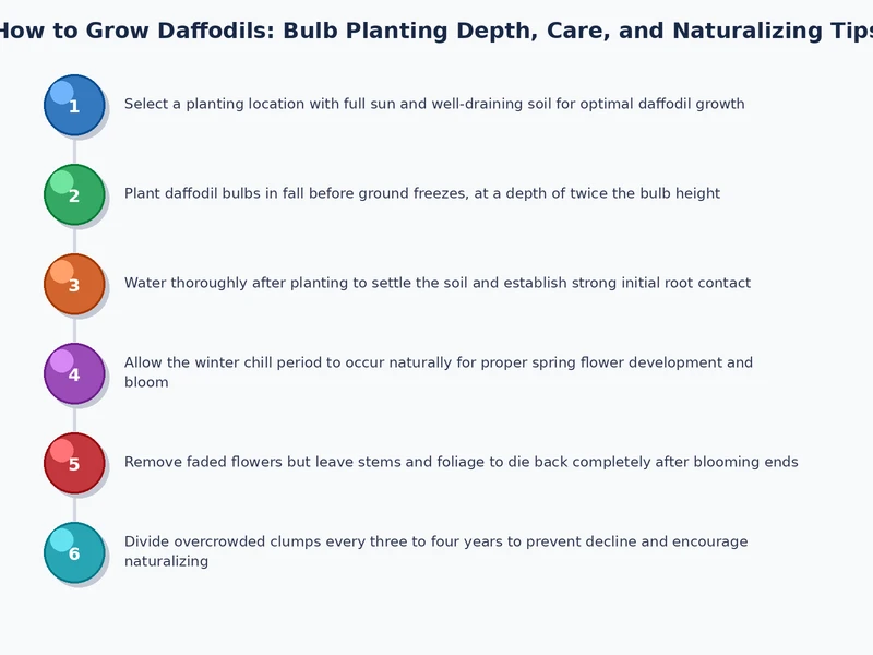 Step-by-step process diagram for planting daffodil bulbs at the correct depth