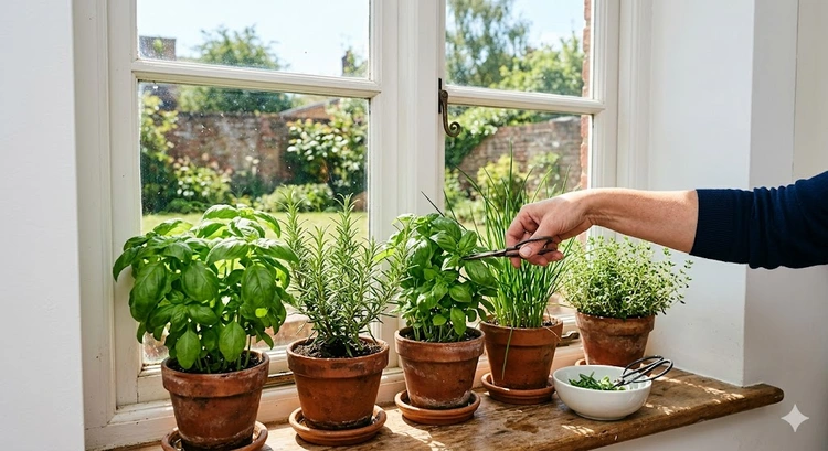 growing herbs in pots indoors on a sunny kitchen windowsill using terracotta containers