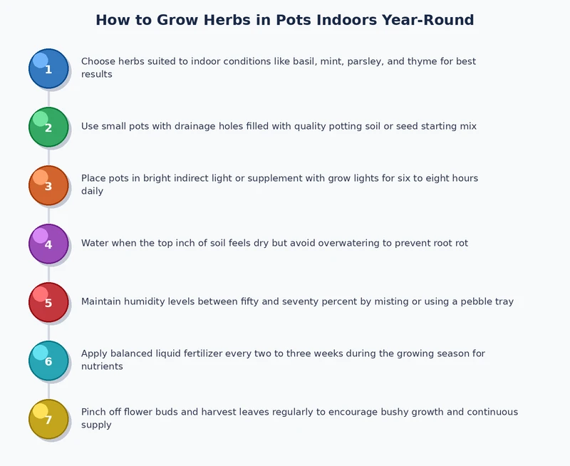step-by-step process diagram for growing herbs in pots indoors from setup to harvest