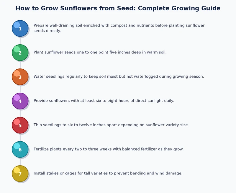 Process diagram showing key stages of growing sunflowers from seed to bloom