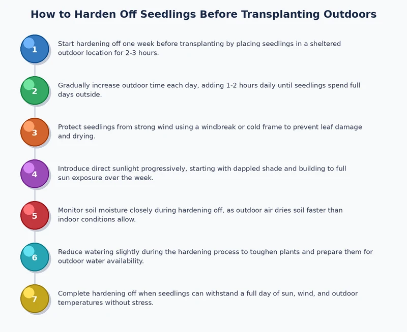 hardening off seedlings process diagram — day-by-day outdoor exposure schedule from shade to full sun