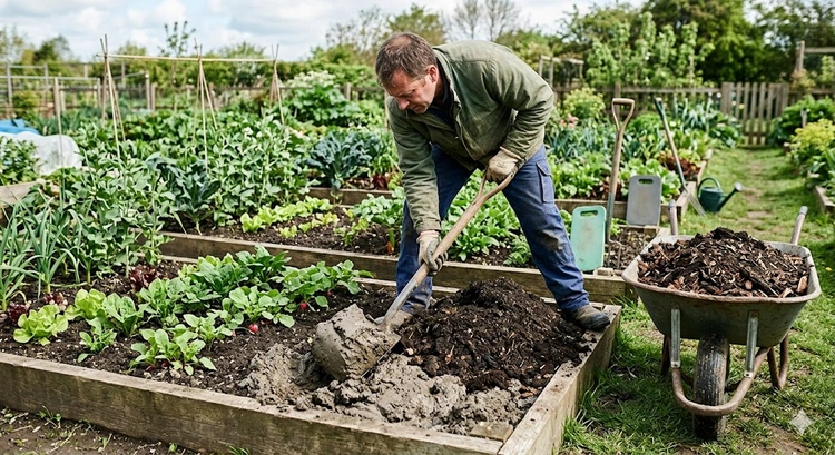 Hands working compost into heavy clay soil in a raised vegetable garden bed to improve drainage and structure