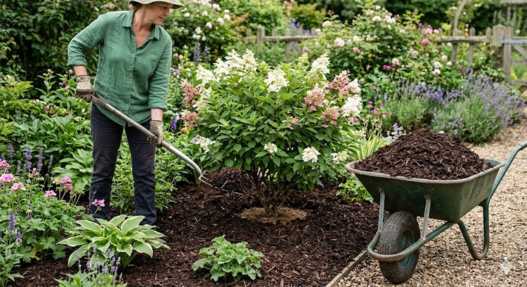 how to mulch a garden with organic wood chip mulch applied correctly around established perennial plants
