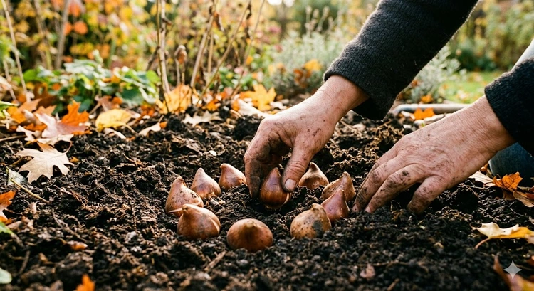 how to plant tulip bulbs in fall — hands pressing bulbs into prepared garden bed soil