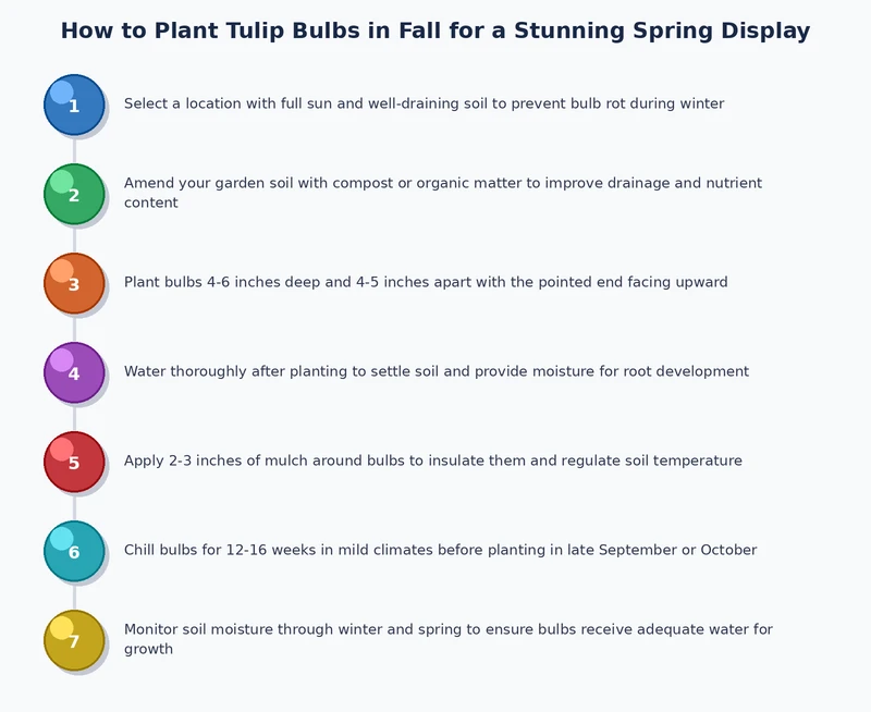 step-by-step process diagram for planting tulip bulbs in fall showing depth, spacing, and layering technique