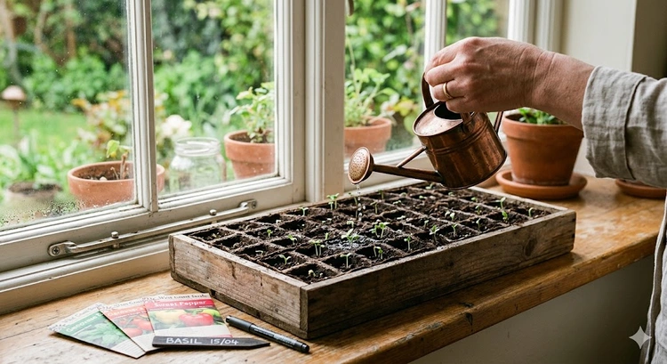 seed starting trays with seedlings sprouting under grow lights indoors