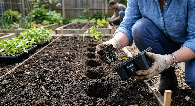 Healthy seedlings being carefully transplanted into a garden bed to avoid transplant shock