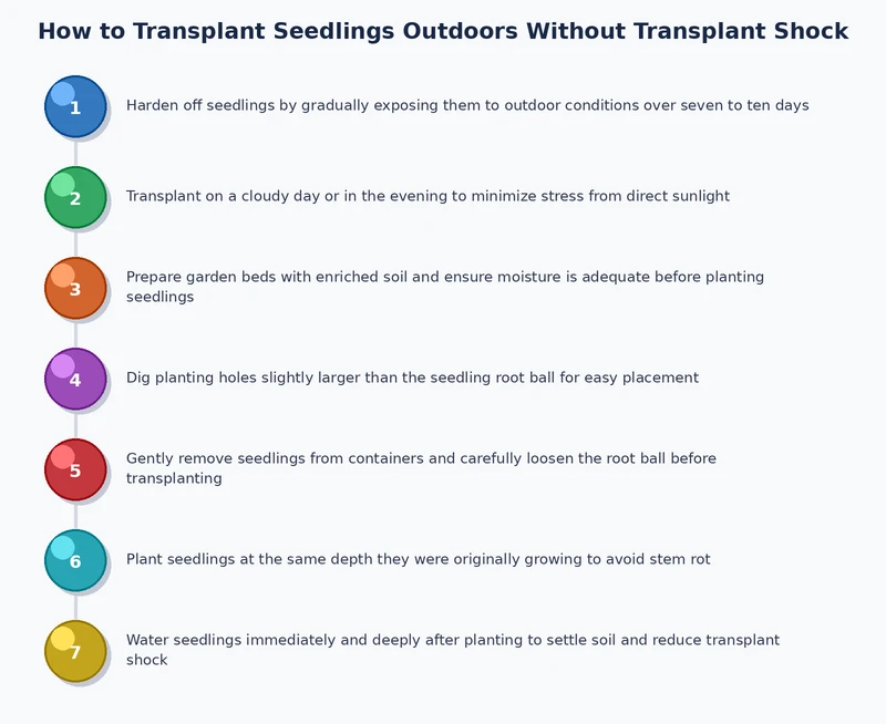 Step-by-step process diagram showing how to transplant seedlings outdoors without transplant shock