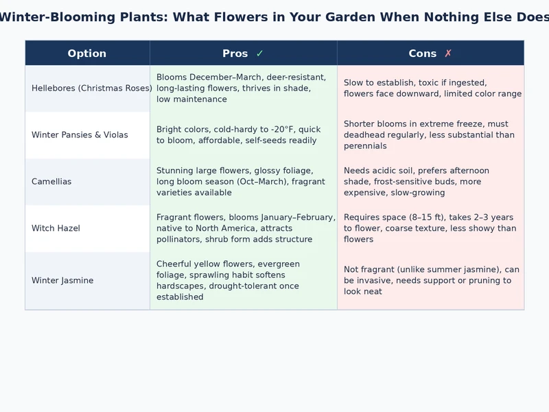 comparison of winter blooming plants by bloom time cold tolerance and maintenance level